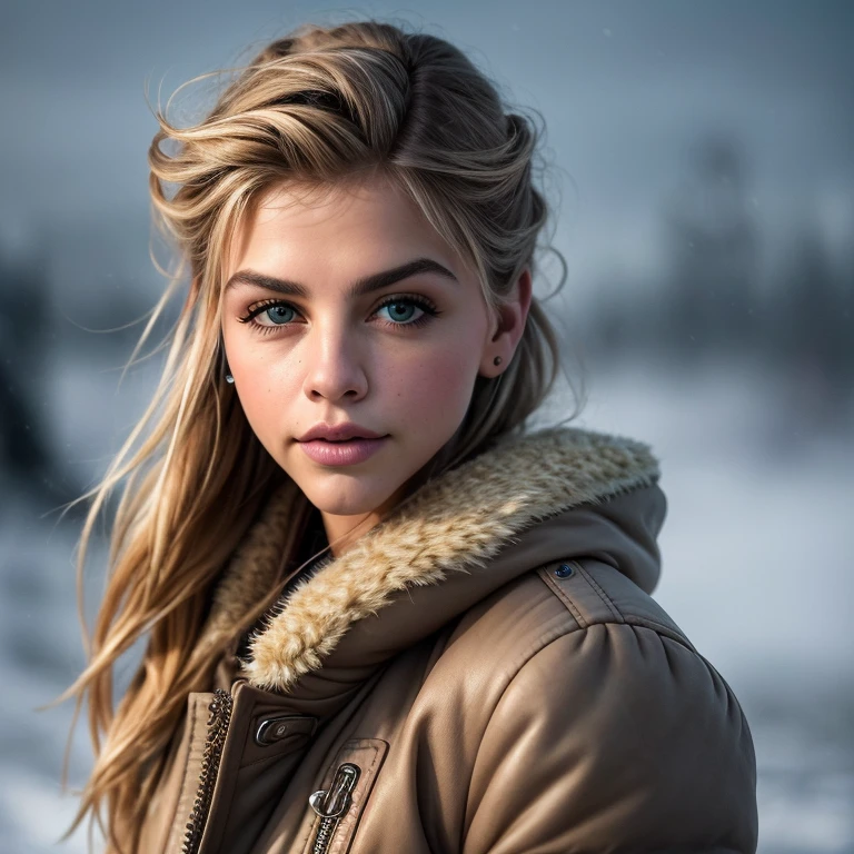 a photo of mar1na-001, blurry background, breath, coat, depth of field, fog, jacket, looking at viewer, parted lips, realistic, solo, steam, upper body, winter. PA7_Human-Likeness