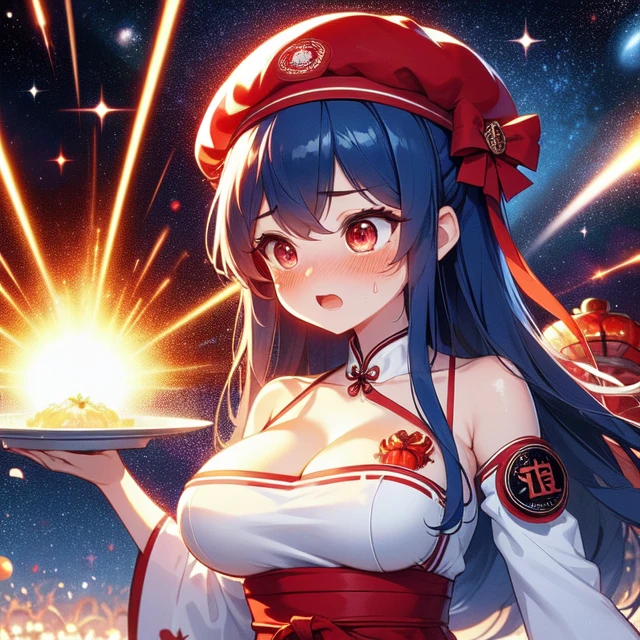 (((masterpiece))), (((best quality))), (((chÅ«ka ichiban))), (((glowing red grilled crab))), ((laser beam shoots from center in all directions)),((holding plate)), ((red beret hat)), (((red complex pattern qipao))), ((sleeves)), ((The Big Bang in universe space)), ((countless crowd)), (((outdoor))), solo, 1girl, cleavage, (((big tits))), collarbone,  ribbon, blue hair, longhair, open mouth, sweat, shy, blush, slim figure,  <lora:girllikechÅ«kaichiban:1>