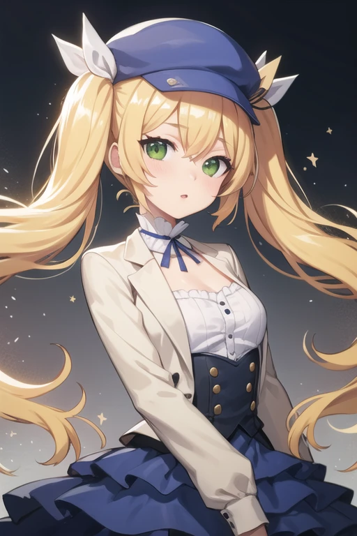 dokibird, blonde hair, green eyes, hair between eyes, long hair, arms behind back, cowboy shot, looking at viewer,
jacket, hair ribbon, blue ribbon, choker, hat, layered dress, dress, blue dress, blue headwear, frills
, <lora:dokibirdumceko-000004:1>, (masterpiece), (ultra-detailed), best quality, 8k