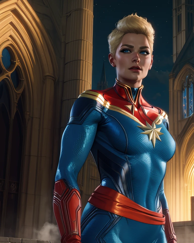 CaptianMarvel,blue eyes,blonde hair,short hair,
blue body suit,red sash,skin tight,
standing,upper body,
night,outdoors,cathedral,
(insanely detailed,masterpiece, best quality),<lora:CaptianMarvel:0.8>,