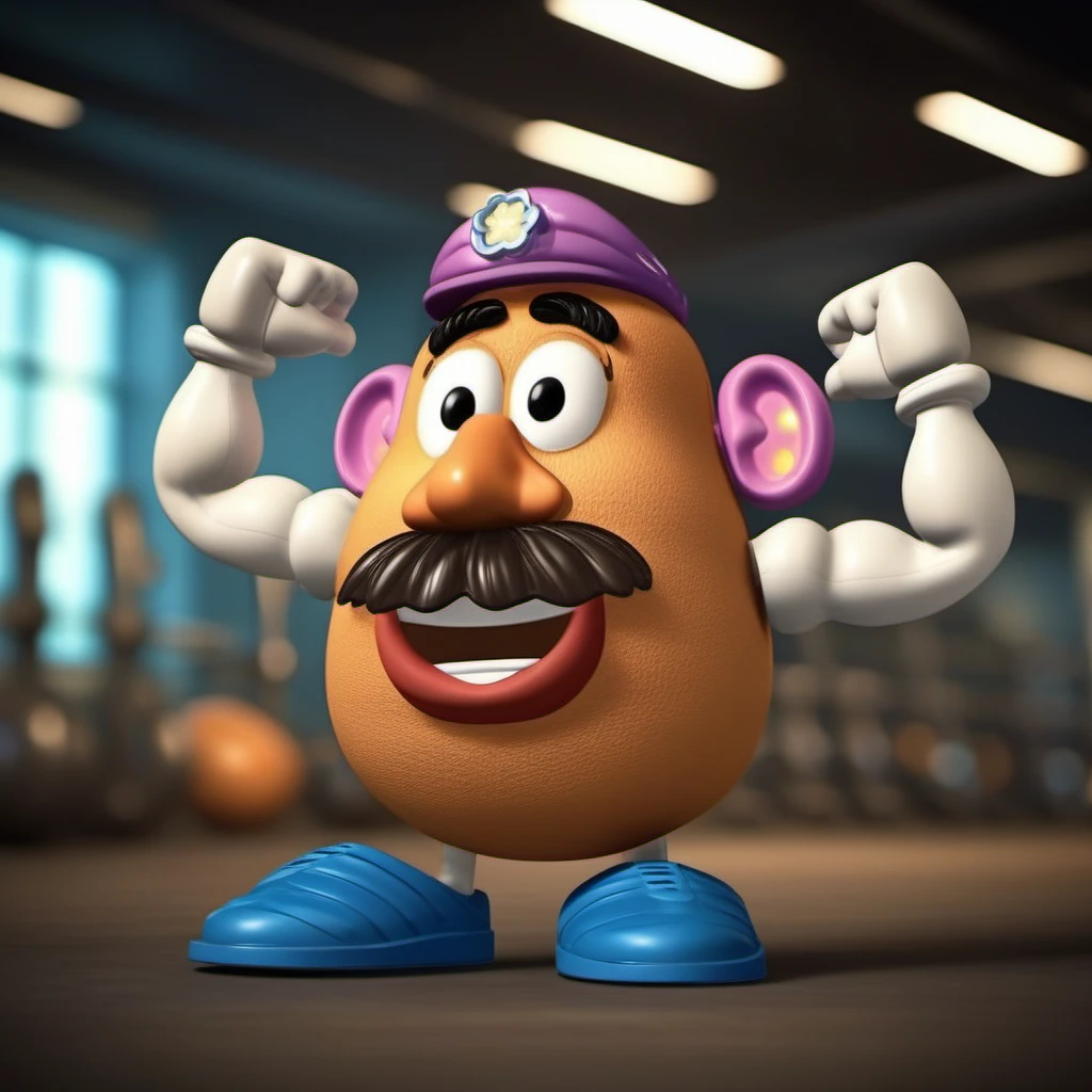 cinematic photo MrPotatoeHead1024 very muscular in a gym <lora:MrPotatoeHead1024:1> . 35mm photograph, film, bokeh, professional, 4k, highly detailed