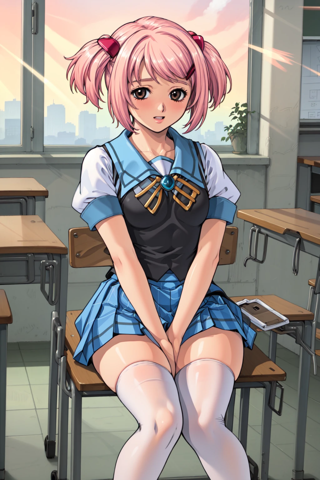 masterpiece, best quality, 1girl, solo, <lora:AkiyamaKonomi_v1:0.9>, classroom, full body, sitting, shy, embarrassed, sailor collar, (black vest:1.3), blue skirt, plaid skirt, pleated skirt, (thighhighs, white thighhighs:1.3), black loafers, blue sleeve ends, (light pink hair:1.3), short hair, short twintails, red hair ornament, red hairclip, small breasts, flat chest, blue sleeve ends, (young:1.4), brooch, ribbon, wide hips, thicc thighs,