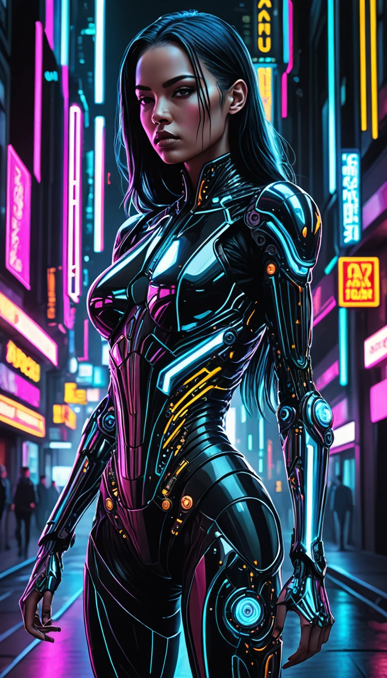 biomechanical style Immerse yourself in a striking depiction of a biomechanical cyberpunk woman, walking way and looking back, clad in a sleek fully illuminated neon exoskeleton that accentuates her lithe figure and narrow hips. She strides purposefully through a dark, dystopian cityscape under the cloak of night. This scene unfolds against a black canvas, creating a captivating interplay between darkness and light. With a poise brimming with confidence and a hint of surprise etched onto her face, our protagonist embodies both elegance and resilience in equal measure. Her skin seamlessly blends elements of humanity and machinery, resulting in a visually arresting spectacle of organic meets artificial. Adhering to the artistic style of renowned illustrator Android Jones, this piece incorporates vivid hues inspired by hyper-dimensional space and crystal nebulas. Rendered using physically based unbiased techniques, every minute detail comes alive in razor-sharp clarity. . blend of organic and mechanical elements, futuristic, cybernetic, detailed, intricate