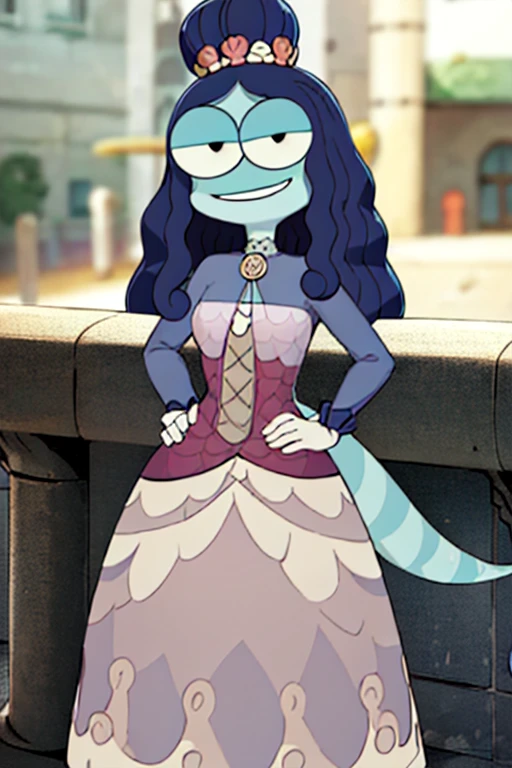 <lora:ladyolivia:0.6> ladyolivia, 1girl, solo, long hair, colored skin, blue hair, monster girl, blue skin, smile, shell, black hair,dress,looking at viewer, hand on hip,