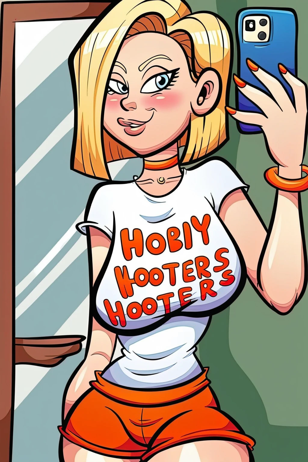 dragon_ball dragon_ball_z hooters android_18 absurdres commentary english_commentary highres paid_reward_available 1girl artist_name bathroom blonde_hair blue_eyes blue_nails blush breasts cellphone choker cleavage dragon_ball_(object) english_text holding holding_phone impossible_clothes impossible_shirt large_breasts lips mirror nail_polish no_legwear orange_shorts parted_lips patreon_logo patreon_username phone red_choker reflection selfie shirt short_shorts shorts smartphone snapchat solo standing web_address white_shirt
  <lora:ClipArtsPony:1>