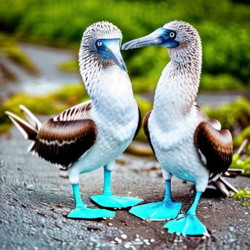 tail, full body, outdoors, wings, day, water, no humans, bird, animal, leaf, traditional media, grass, plant, nature, realistic, road, field, animal focus, photo background, beak, oversized animal, Blue-footed Booby, Sula nebouxii, <lora:Blue-footed_booby_v1:0.7>