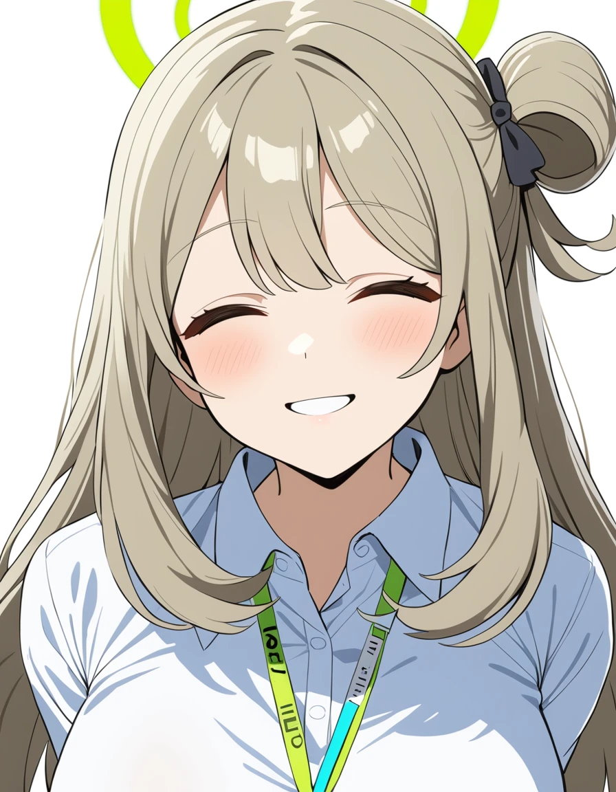 1girl, nonomi \(blue archive\), blue archive,
long hair, blonde hair, single hair bun, green eyes, large breasts, white shirt, collared shirt, lanyard, light smile, closed eyes, halo,
white background, simple background, asanagi,
very aesthetic, masterpiece, best quality,