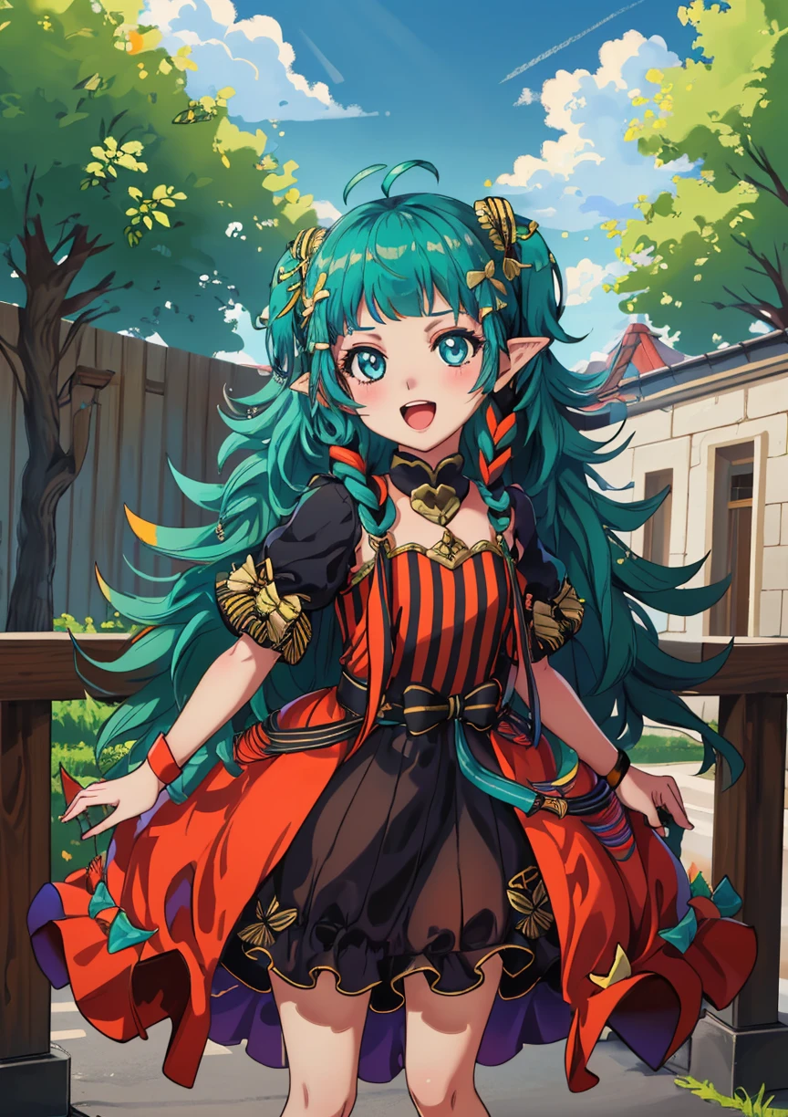 masterpiece, chibi, 1girl, looking at viewer, smile, open mouth, :o, candy, <lora:SothisFE3H-FEH-bsinky-v1:0.9> hlwnSothis, very long long hair, hair ornament, black dress, bow, striped, short sleeves, hair ribbon, pointy ears, outdoors