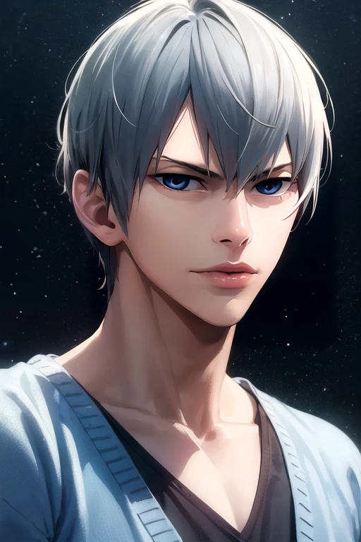 (best quality:1.1), (masterpiece:1.4), movie still, looking at viewer, , depth of field, , (semi-realistic:1.4), 1boy, solo, male focus, <lora:yukinari_kuroda:0.86>, yukinari_kuroda, grey hair, blue eyes, cardigan, , Mordor: A dark and evil land ruled by the dark lord Sauron,