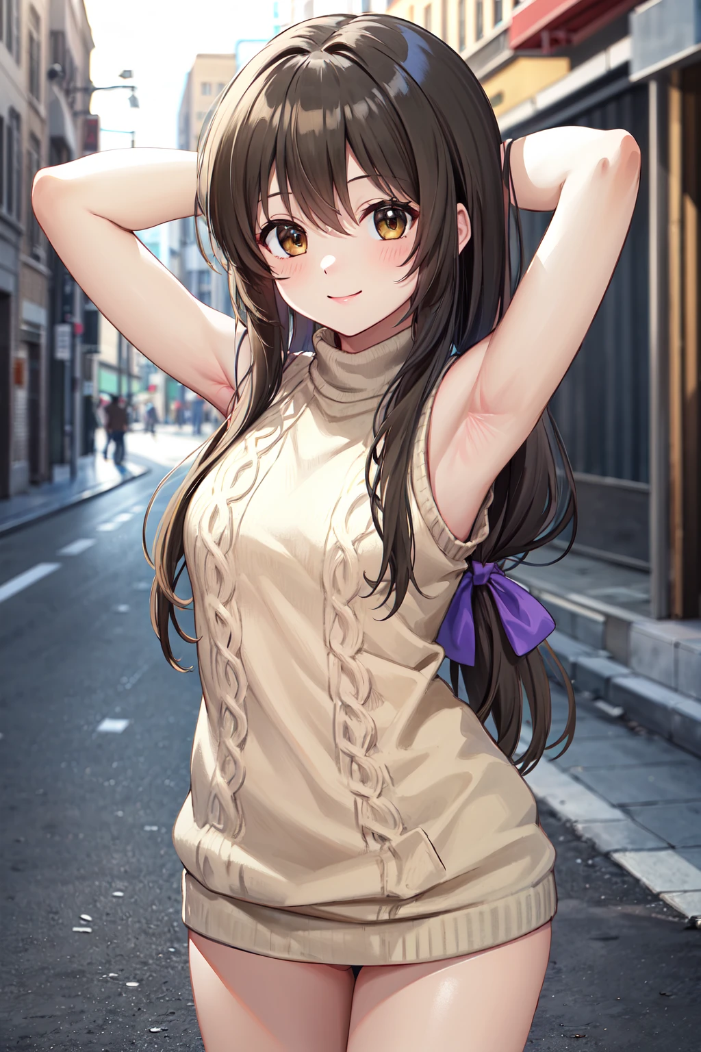 masterpiece,best quality,highres,ultra-detailed,ibuki fuuko,long hair,low-tied long hair,bangs,hair bow,<lora:ibuki_fuuko:0.7>,(sweater:1.2),street,smile,standing,(sleeveless:1.4),arm_behind_head,arms_up,cowboy shot,no pants,