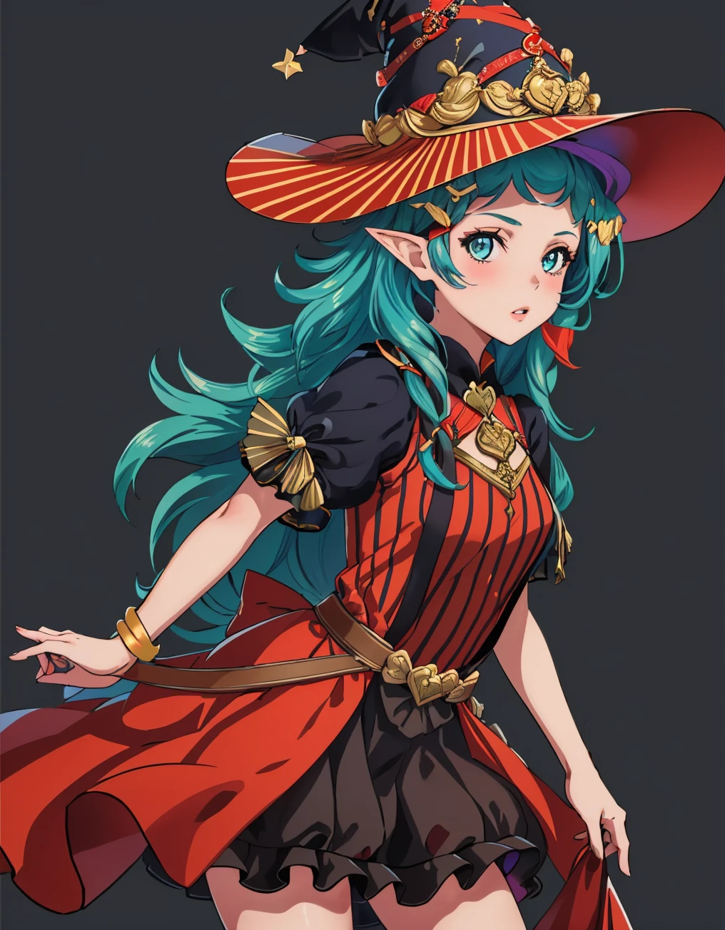 masterpiece, simple background, 1girl, solo, cowboy shot, medium breasts, looking at viewer, parted lips, <lora:SothisFE3H-FEH-bsinky-v1:0.7> hlwnSothis, very long long hair, hair ornament, witch hat, dress, striped, short sleeves, hair ribbon, pointy ears