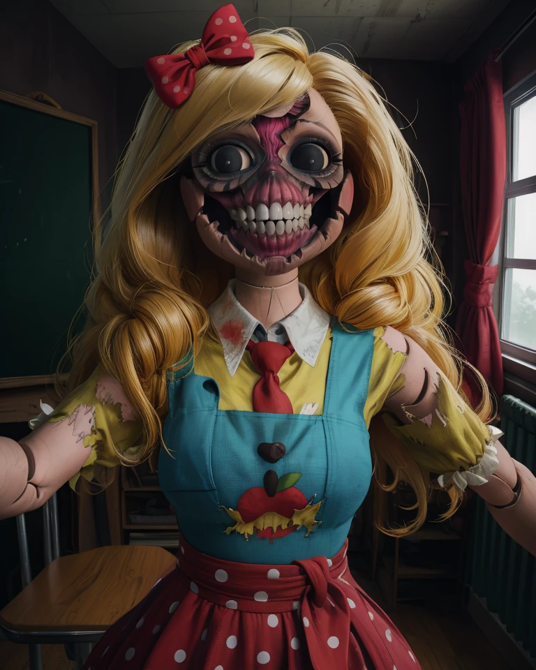 delight,black eyes,blonde hair,hair bow,teeth,doll,doll joints,
torn clothes,necktie,dress,polka dot skirt, reaching out,
standing,upper body,
dim lighting,indoors,school,horror \(theme\),
(insanely detailed,masterpiece, best quality),<lora:missdelight:0.8>,