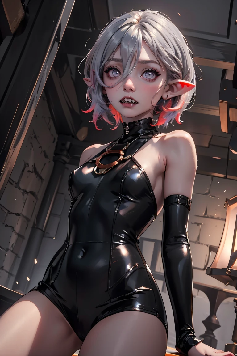 masterpiece, best quality,
1girl, at dungeon, dim lights, 
 <lora:Briar_Classic_LeagueOfLegends:0.8>, briar, hair between eyes, fingernails, sharp teeth, short hair, grey skin, colored skin, multicolored hair, silver eyes, pointy ears,
<lora:From_Below_FefaAIart:0.8>, from below, low angle shot,
bare shoulders,  black outfit,