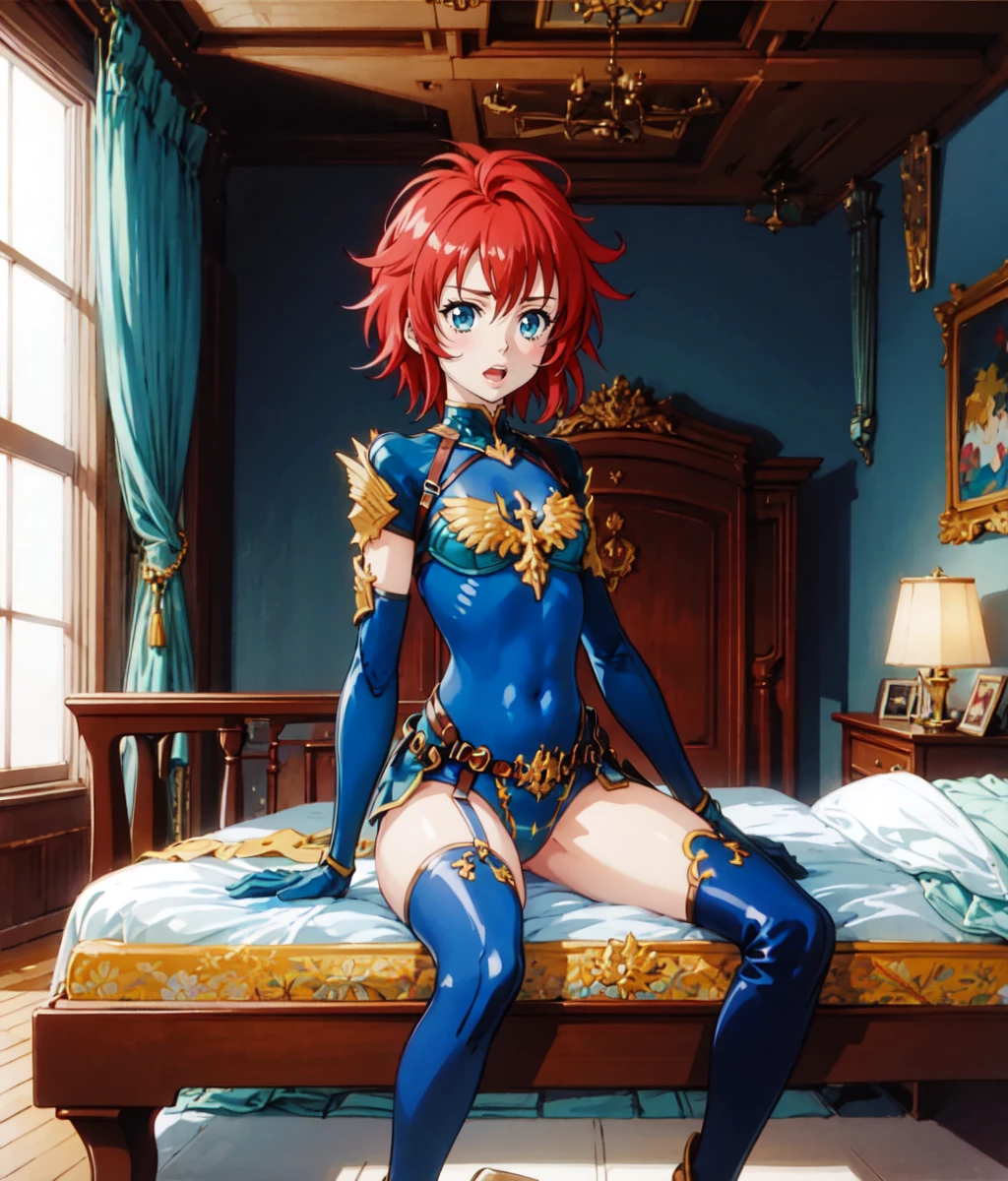 masterpiece, anime screencap, 1 girl, solo, surprised. blushing, red hair, short hair, blue bodysuit, thighhighs, full body, sitting in bed, indoors, castle, cowboy shot <lora:Isabel:1>