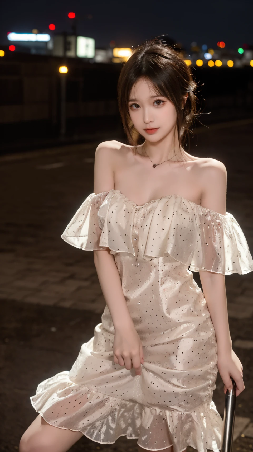 best quality,HDR,UHD,8K,Vivid Colors,solo,photo_,(1girl:1.3),(standing:1.3),(looking at viewer:1.4),Elegant,detailed gorgeous face,(city background:1.3),(cowboy shot:1.4),<lora:rc93:0.75>,rc,bare shoulders,dress,