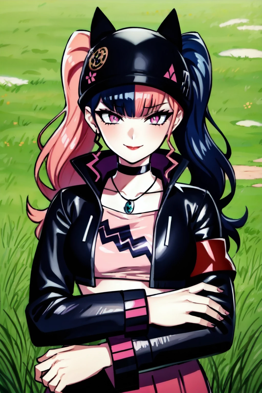 zoe rayne, 1girl, solo,anime coloring, twintails, split-color hair, necklace, pink eyes, smirk, pink cropped tank top, (looking at viewer,upper body:1.3,portrait) long hair, blunt bangs, black choker,facing viewer, straight-on, midriff, pendant,black cropped jacket,black overskirt,belt, medium breasts, pale skin, pink hair, black hair,crossed arms, (red lips), closed mouth,(sidelocks), black cat hat,long sleeves, outdoors, grass, ruins, stone floor,pink triangle, (best quality, masterpiece) <lora:zoe_rayne_v1:1>