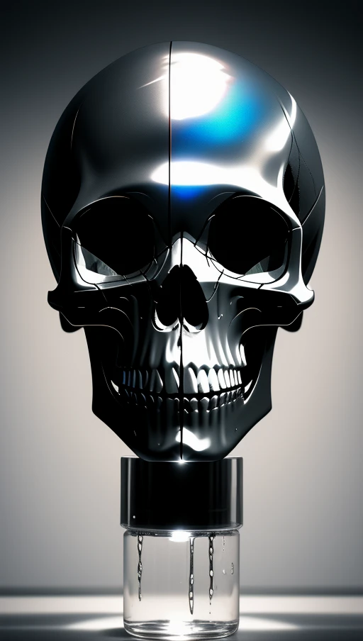 subsurface scattering, Photorealistic, Hyperrealistic, analog style, realistic, film photography, a bright Skull, born in liquid chrome, made out of real polished steel