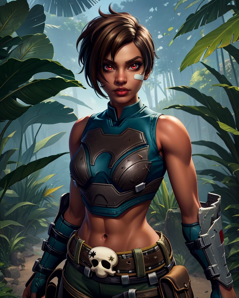 Kinessa,short brown hair,red eyes,
standing,
bandaid on face,midriff,belt with skull ornament,crop top,arm guards,toned,
jungle,
(insanely detailed,masterpiece, best quality),<lora:Kinessa:0.8>,