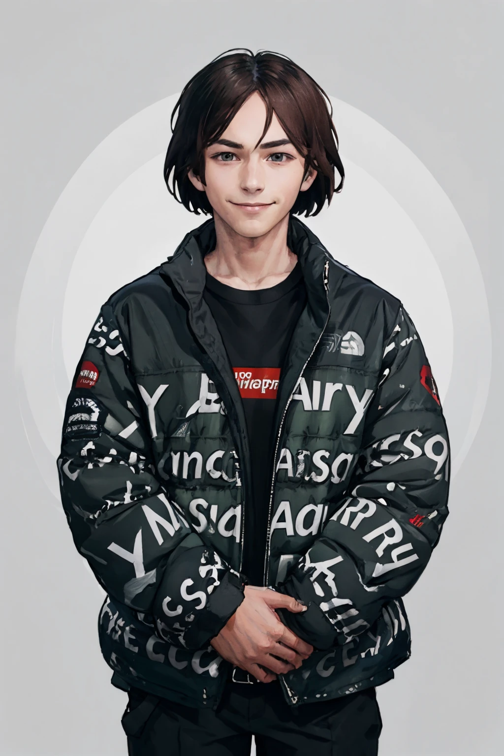 masterpiece, best quality, solo, male focus, 1boy, wavervelvet, smile, looking at viewer, own hands together, dripjacket, pants <lora:fate_wavervelvet_zero-10:1> <lora:concept_dripmeme:0.8>