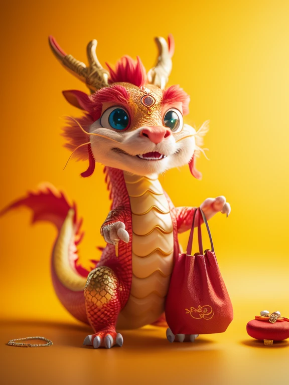 master piece, high quality, a cute Chinese dragon, grab a red bag of jewellery, yellow background,J_dragon