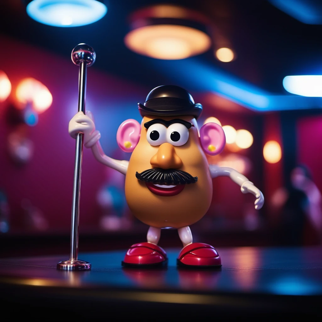 cinematic photo MrPotatoeHead1024 kinky pole dancing in a stripclub  <lora:MrPotatoeHead1024:1> . 35mm photograph, film, bokeh, professional, 4k, highly detailed