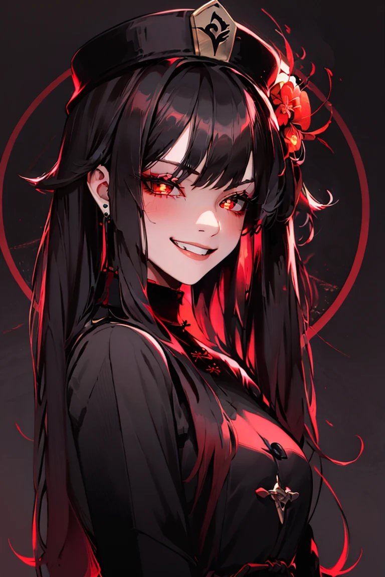 <lora:Minimalistic_Style:0.8>, black background, red glow, upper body,
((masterpiece,best quality)), absurdres, <lora:Hu_Tao_Genshin:0.8>, Hu_Tao_Genshin, 1girl, solo, long hair, red eyes, brown eyes, flower-shaped pupils, twintails, hu tao \(genshin impact\), hat, long sleeves, hat flower, jewelry, chinese clothes, grin, smile, looking at viewer, upper body, blush, detailed eyes