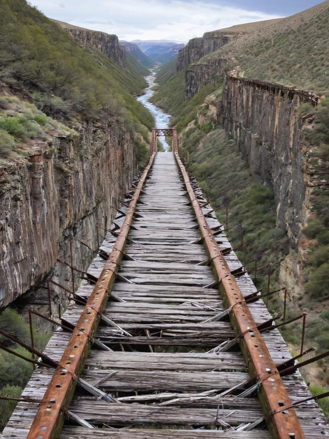 An ais-abandz bridge over a once-water-filled gorge <lora:Abandoned_SDXL:1>,4k, uhd,masterpiece