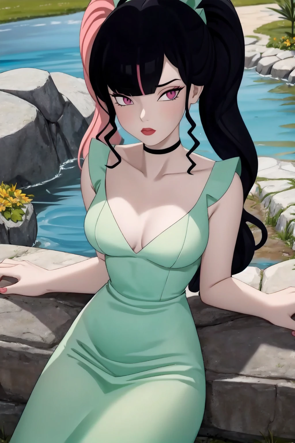 zoe rayne, 1girl, solo, twintails, split-color hair, pink eyes, green dress, (looking at viewer), long hair, blunt bangs, black choker, medium breasts, pale skin, (pink hair:1.2), black hair, sidelocks, outdoors,beach, palm, pond,from above,stone wall, (best quality, masterpiece) <lora:inusen_v1:1> <lora:zoe_rayne_v1:1>