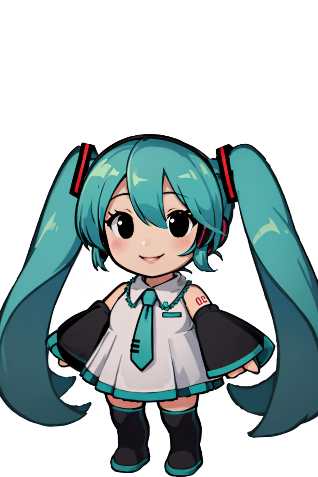 masterpiece, best quality, solo, 1girl smile, looking at viewer, <lora:PM-TTYD-SpritesV2_Fp_1:0.7>, simple background, full body, chibi, black eyes, solid oval eyes, outline, hatsune miku,