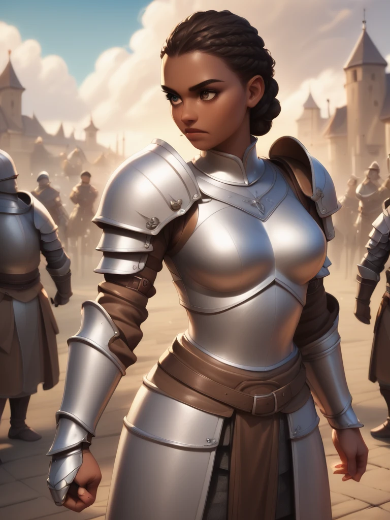 <lora:LIGHT_2.5DStylePonyDiffusionV6XL_V0.1:0.8>,score_9,score_8_up,score_7_up,score_6_up,score_5_up,score_4_up,woman in armor standing in a battlefield,armor,dark skin,medieval,fantasy,solo focus,epic,