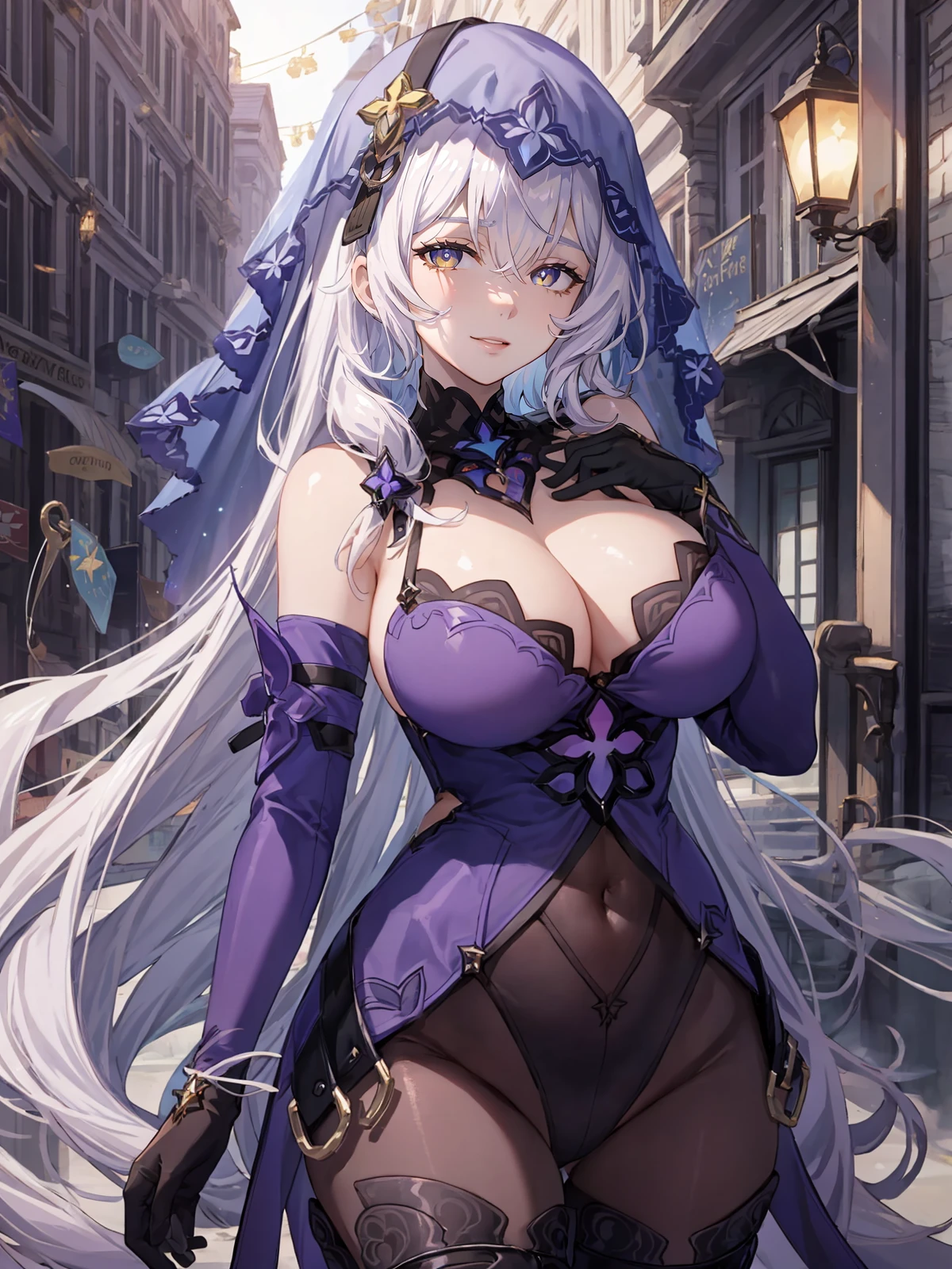 veil, yellow eyes, long hair, elbow gloves, bare shoulders, dress, pantyhose, thigh boots, cowboy shot, light smile, hand on chest, large breasts, <lora:BlackSwan:0.7>