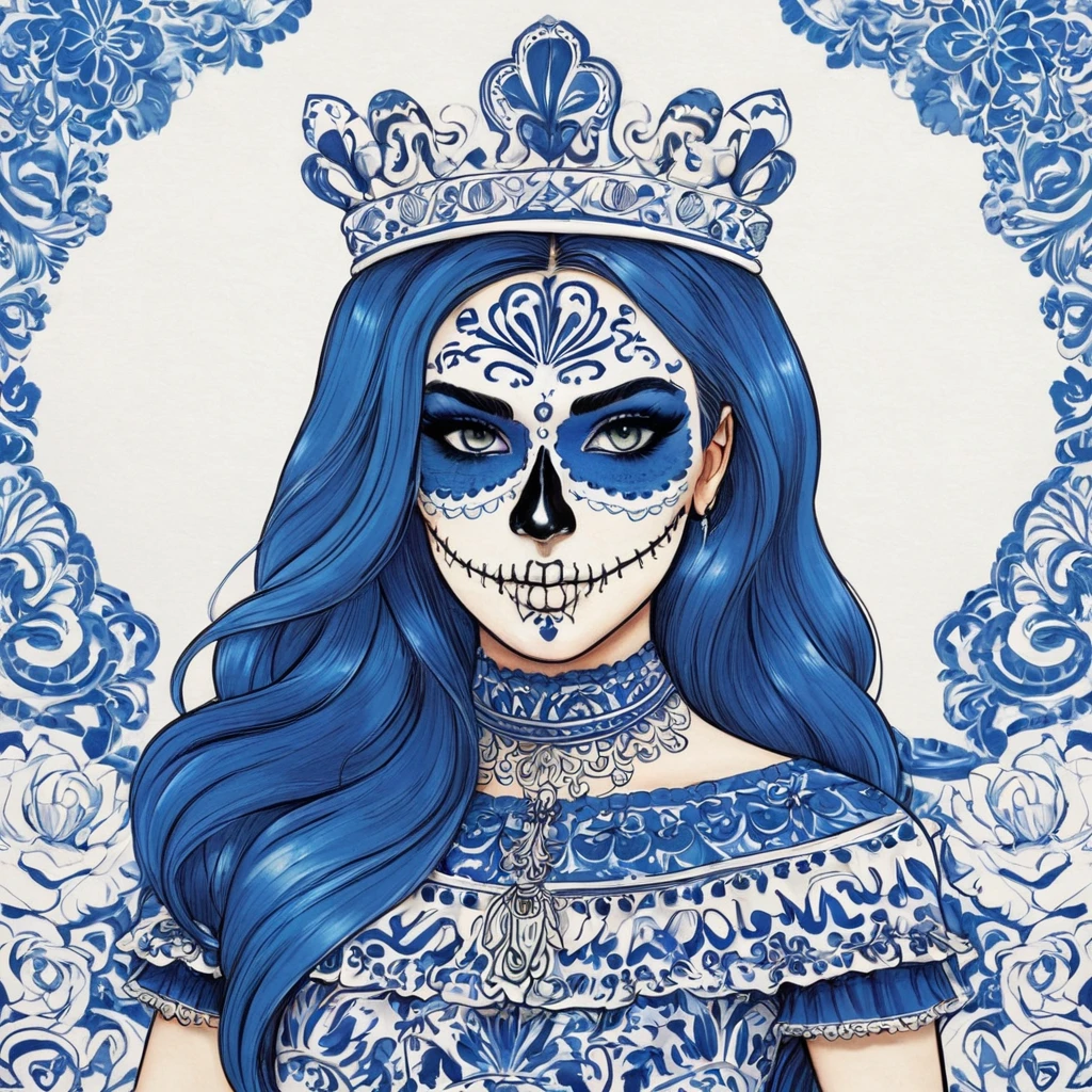 ((blue and white t1 skull makeup,mexican talavera dress)).k1t crown:1,sexy,mexican graffity background