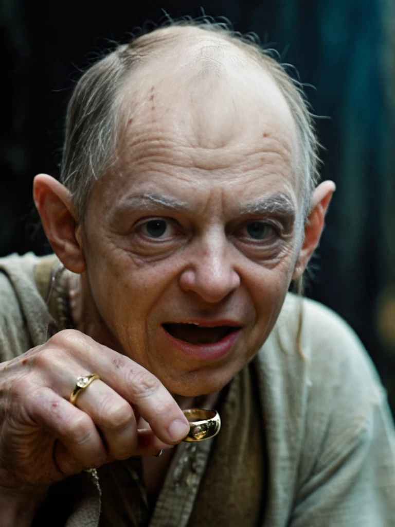 cinematic film still ((Jacob Rothschild)) as <lora:JacobRothschildXL-128:1> (((Gollum))), lord of the rings, holding a gold ring . shallow depth of field, vignette, highly detailed, high budget, bokeh, cinemascope, moody, epic, gorgeous, film grain, grainy