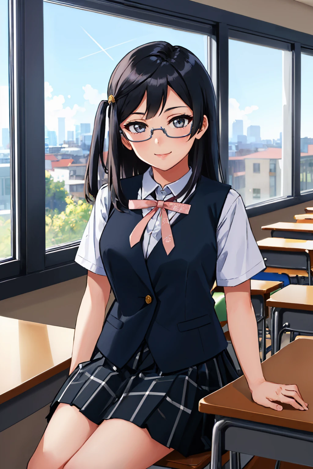 (masterpiece, best quality:1.2), solo, 1girl, yuukidef, smile, looking at viewer, sitting, chair, one side up, glasses, school uniform, black vest, white shirt, neck ribbon, short sleeves, black skirt, indoors, classroom <lora:lovelive_yuuki-30:1>