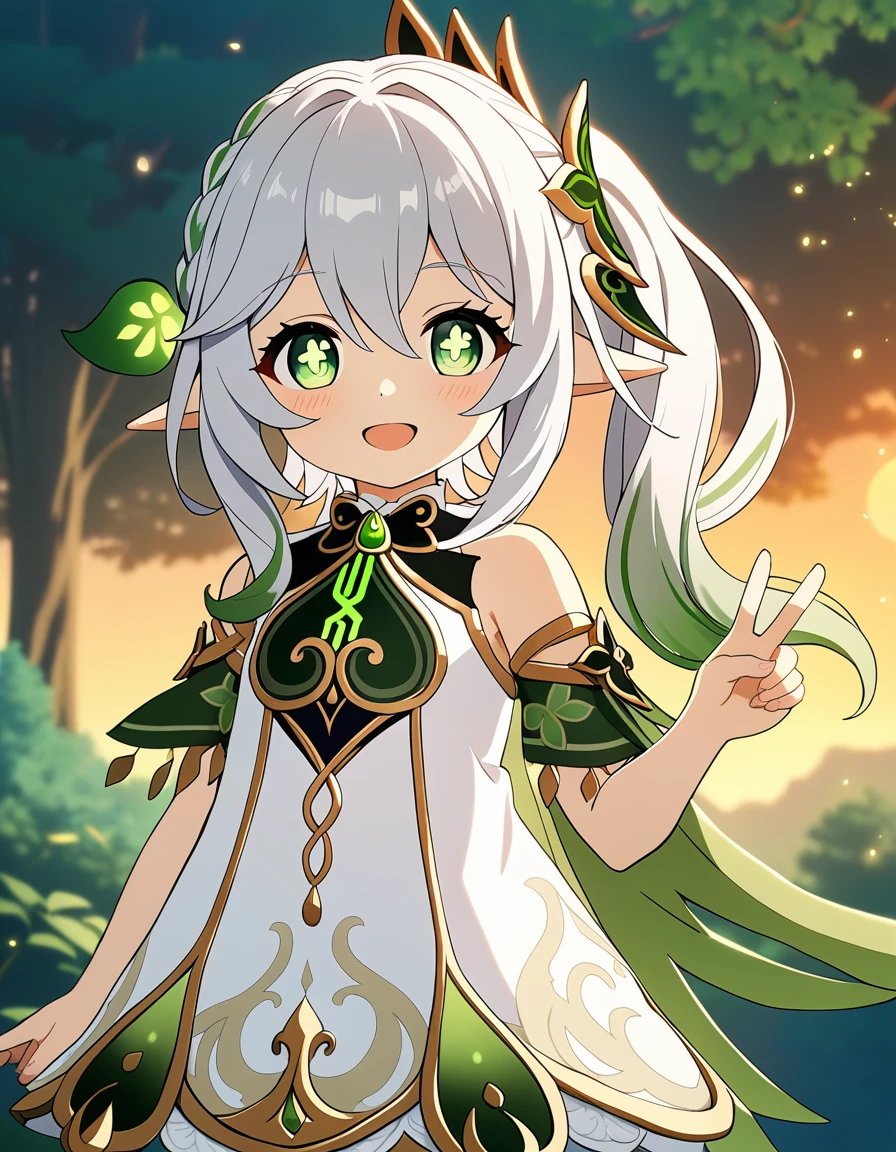 1girl, nahida \(genshin impact\), genshin impact, solo,
medium hair, wavy hair, side ponytail, silver hair, green eyes, white dress, smile, open mouth, pointy ears, v,
forest, lens flare, sunset, wind, anime screencap, 
very aesthetic, masterpiece, best quality,