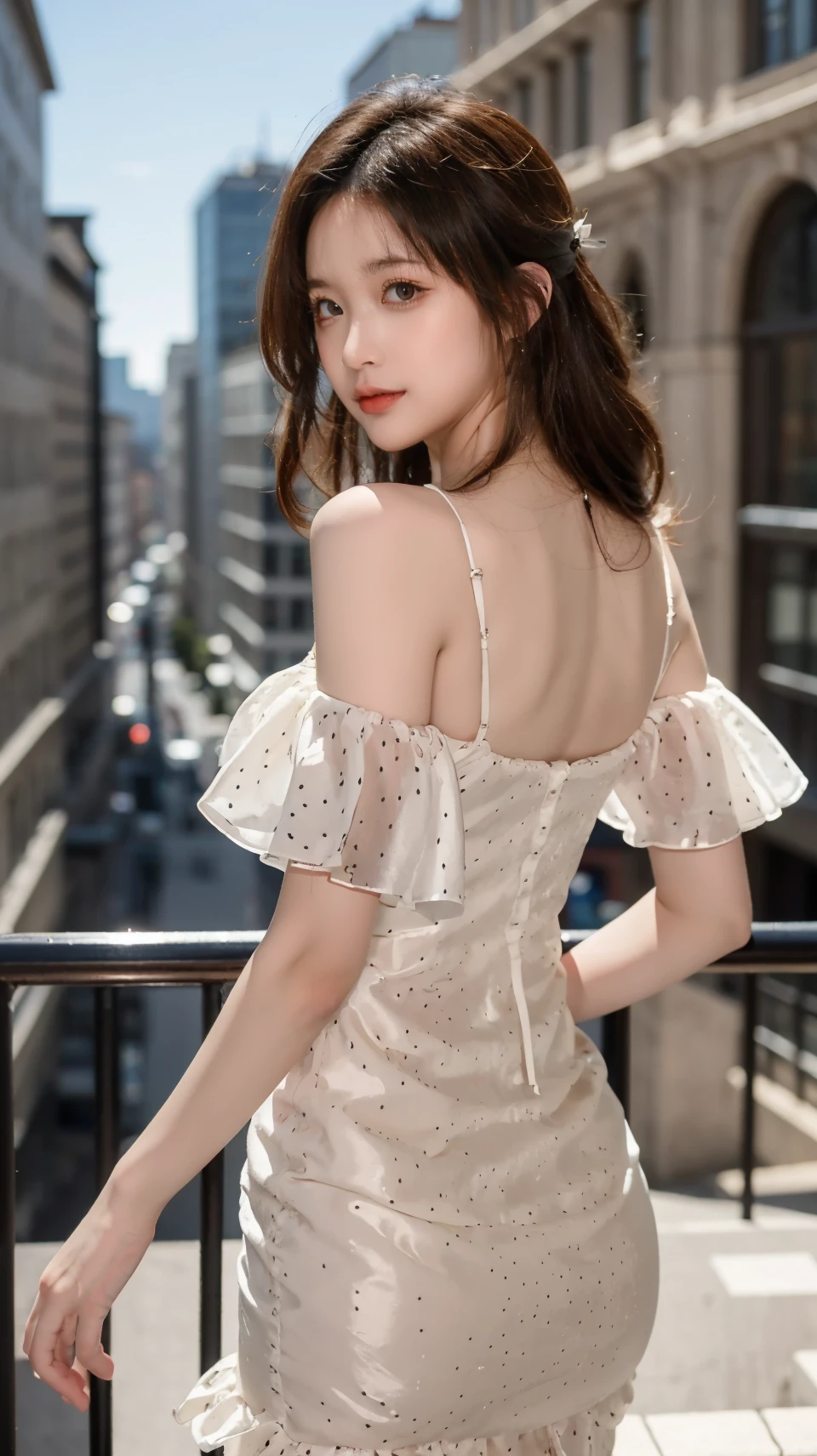 ((Midnight, Top Quality, 8k, Masterpiece: 1.3)), Above the waist, Long legs, Sharp Focus: 1.2, Perfectly shaped, pretty woman: 1.4, ((Brown hair, big: 1.5)), (See-through dress with floral pattern: 1.4, Camisole Dress: 1.5, Standing: 1.2), (Night City View, Rooftop: 1.3)), Highly detailed face and skin texture, Detailed eyes, Double eyelids, Blue eyes, night view, light of a gas lamp, Alone: 1.3, Oversized earrings and necklace, Alone, Focus on chest, (Leched forward: 1.3)