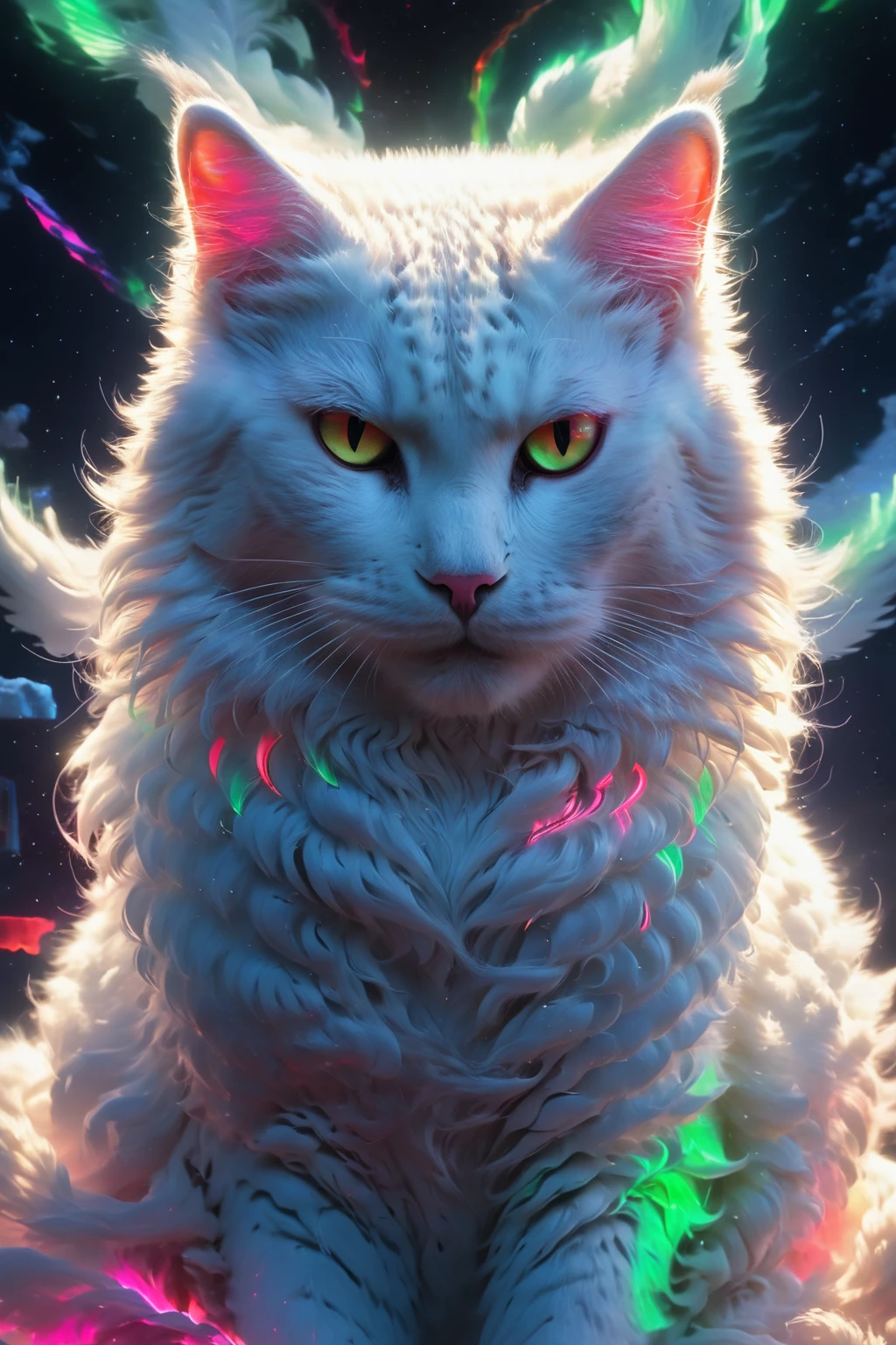 <lora:mythical beast:0.8> white cat, neon, colorful glow, bright and colorful, vibrant, 8K, HD