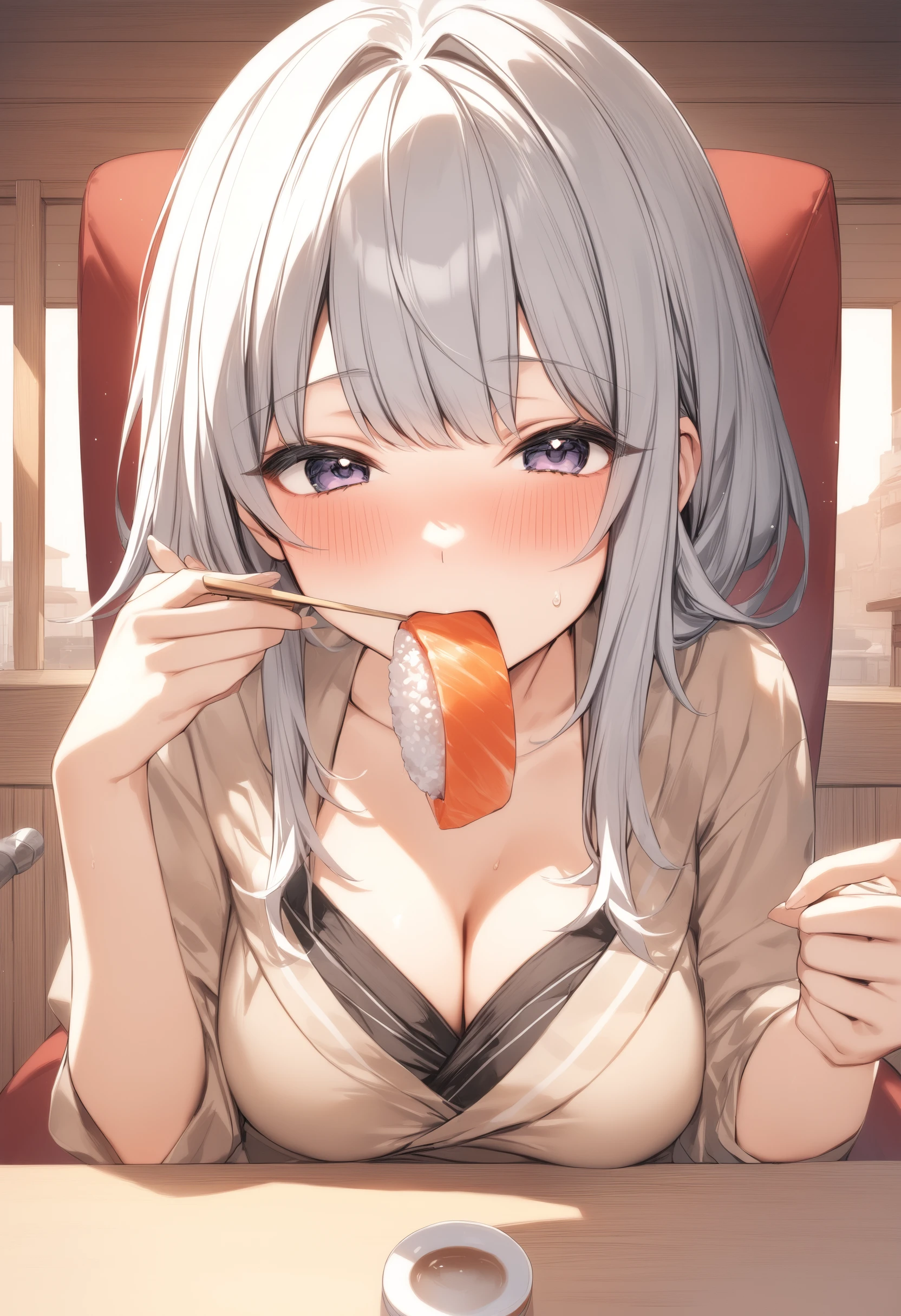 girl with、silber hair、Blue eyes、Lying on the futon、Crawl on your stomach、Eat katsudon、holding chopsticks