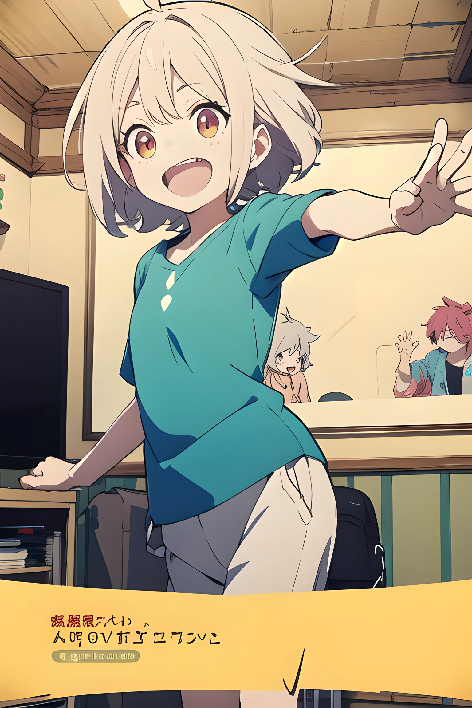 <lora:Lelou:1> a woman with white hair and a green shirt is holding her arm up in the air with her right hand, Aya Goda, cheerful, a screenshot, toyism