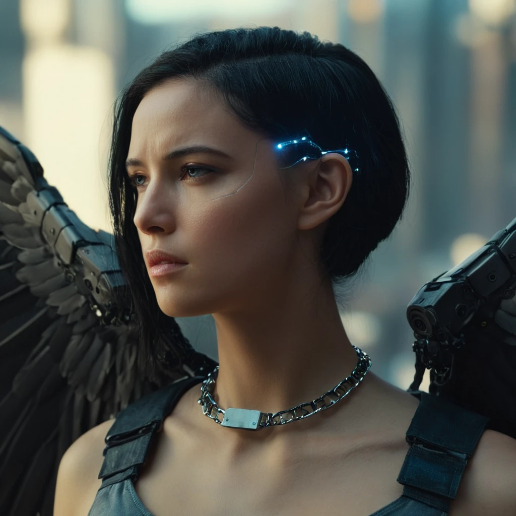 cinematic film still of  <lora:Cyberpunk Style:1>
a woman with a large winged body and a chain around her neck,bionic,transhuman,Dystopia,Dystopian,kakotopia,Science fiction,high tech,low life,societal collapse,Artificial,Posthuman,future,futuristic,Artificial intelligence,Cyborg,genetically-enhanced humans,sci-fi,Cyberpunk Style,1girl,solo,black hair,wings,from side,lips,science fiction,realistic,nose,android,bandaid on face,cyborg,mechanical wings,cyberpunk,mechanical parts , Cyberpunk Style, shallow depth of field, vignette, highly detailed, high budget, bokeh, cinemascope, moody, epic, gorgeous, film grain, grainy