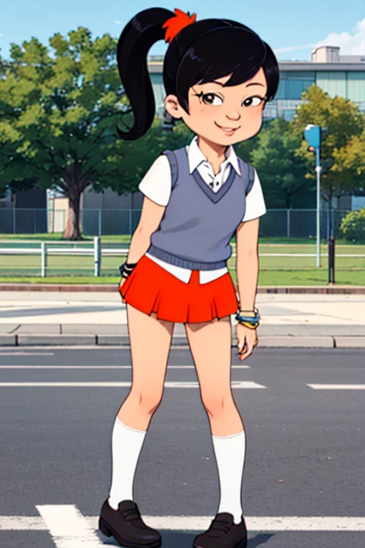 <lora:Akiko.AD-000009:0.6> akiko, 1girl, black hair, solo, ponytail, sweater vest, school uniform, orange skirt, socks, shirt, short sleeves, shoes,bracelet smile,looking at viewer,