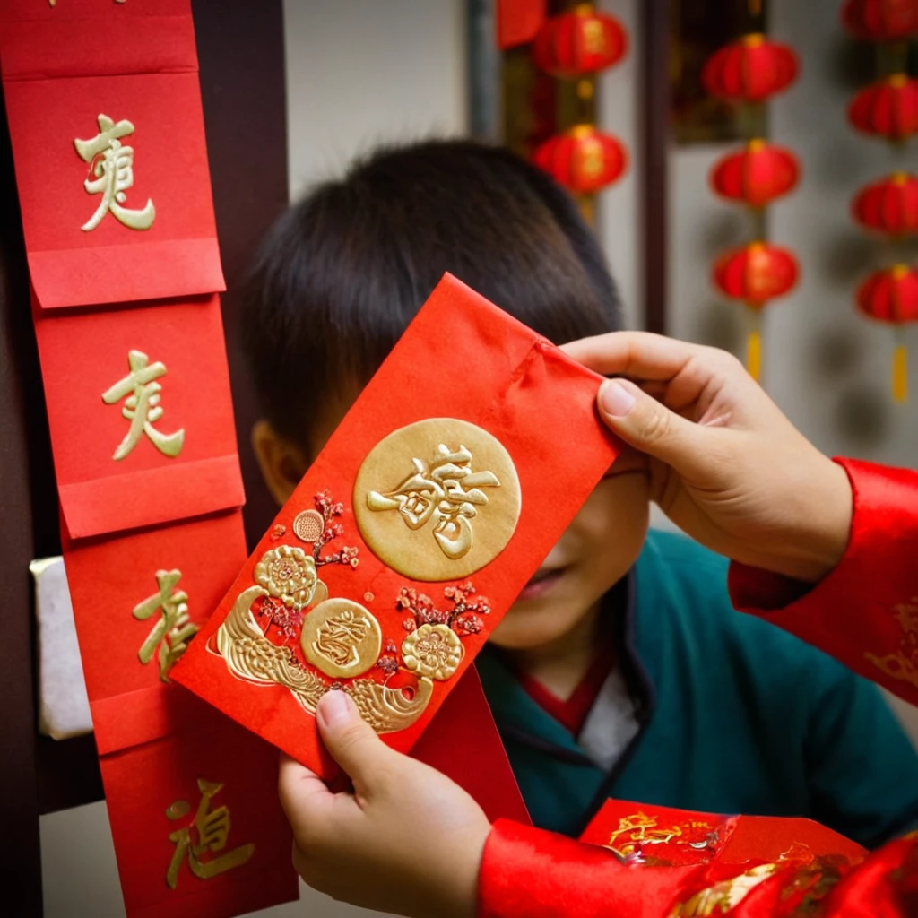 photography,lunarnewyear style,giving a red envelope to a kid, hand focus, deep of fied<lora:lunarnewyearSDXL:1>