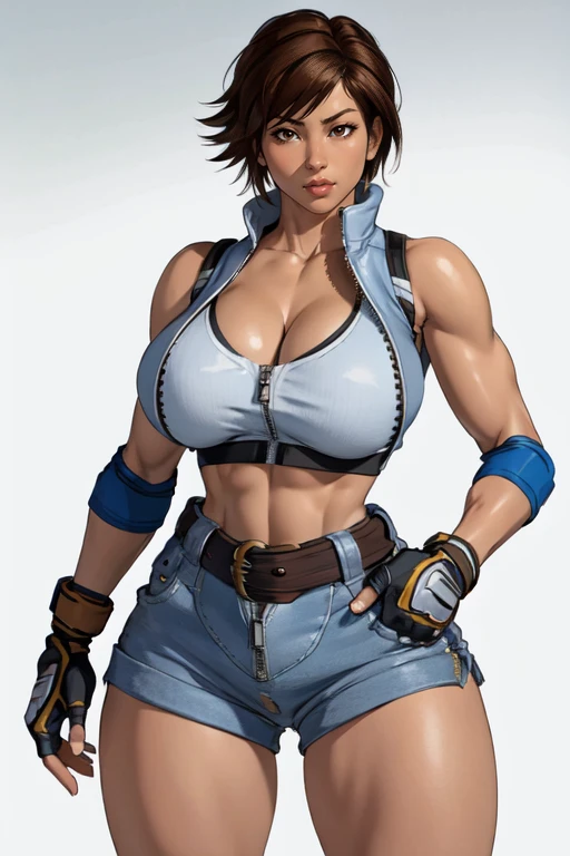 masterpiece,best quality,extreme detail,8k,<lora:asuka:0.6>,asukakazama2,1girl,solo,breasts,short hair,large breasts,brown hair,gloves,white background,brown eyes,shorts,midriff,belt,fingerless gloves,lips,crop top,zipper,sports bra,unzipped,jumpsuit,elbow pads,short jumpsuit,