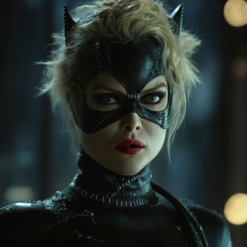 cinematic film still of Cyberpunk Style
A cyberpunk messy blonde hair catwoman staring at camera in a dark gotham city at night Cyberpunk Style, shallow depth of field, vignette, highly detailed, high budget, bokeh, cinemascope, moody, epic, gorgeous, film grain, grainy
