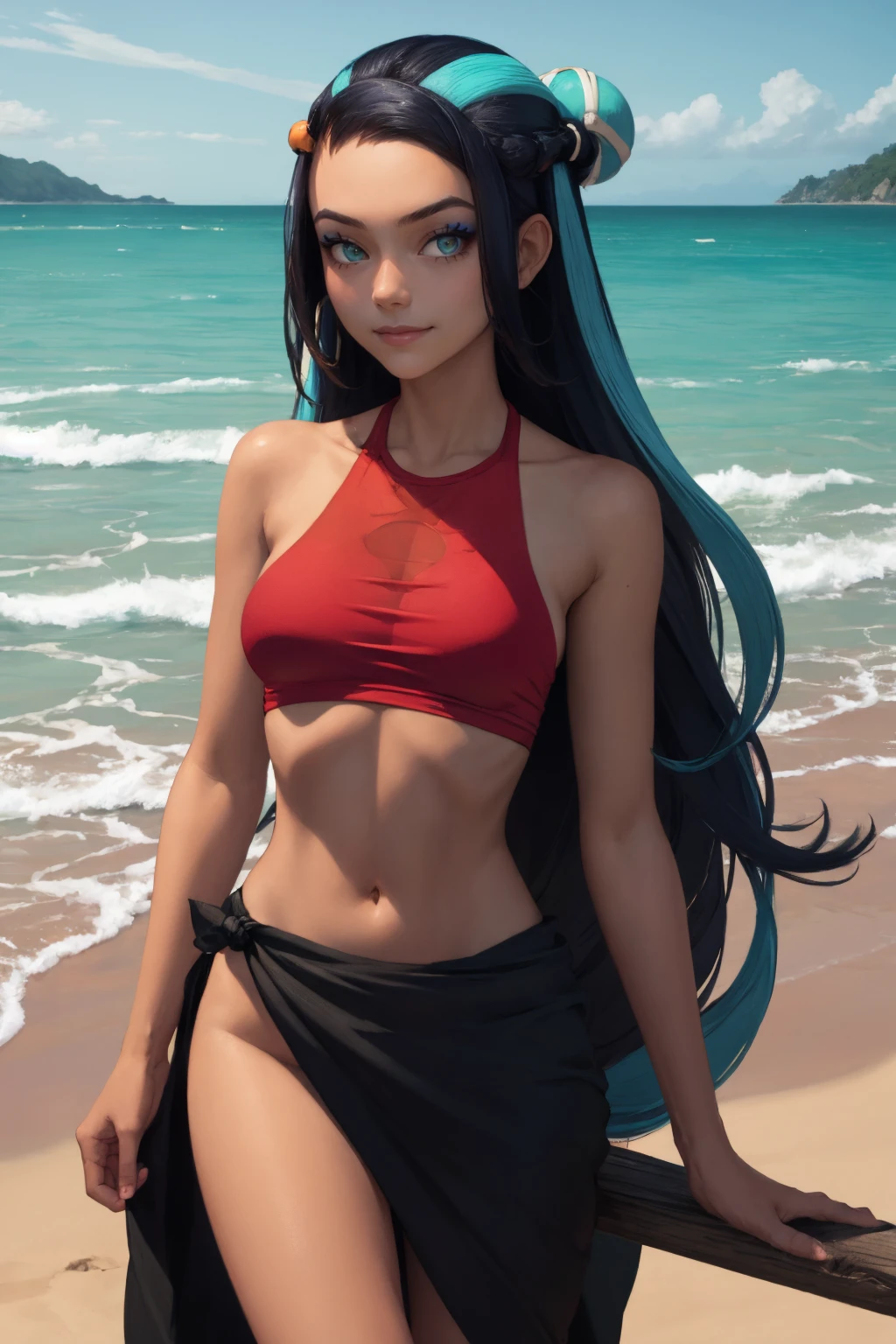 masterpiece, best quality, solo, 1girl, nessaswim, dark skin, makeup, slight smile, looking at viewer, single hair bun, swimsuit, red crop top, sarong, beach <lora:pokemon_nessa_v2-000009:1>