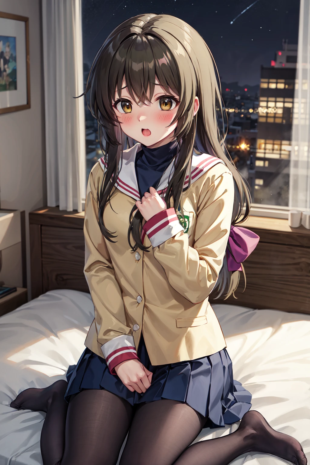 masterpiece,best quality,highres,ultra-detailed,ibuki fuuko,long hair,low-tied long hair,bangs,hair bow,hikarizaka private high school uniform,yellow jacket,white sailor collar,turtleneck,shirt,long sleeves,blue skirt,black pantyhose,<lora:ibuki_fuuko:0.7>,indoors,sitting,bed,blush,(embarrass:1.2),night,
