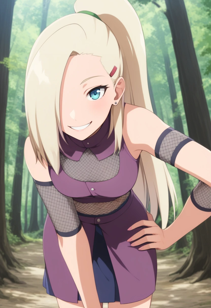 solo, 1girl, yamanaka ino, smile, looking at viewer, hand on hip, leaning forward, hair over one eye, ponytail, hairclip, crop top, sleeveless, skirt, fishnets, earrings, outdoors, forest <lora:naruto_inoyamanaka_xl:1>