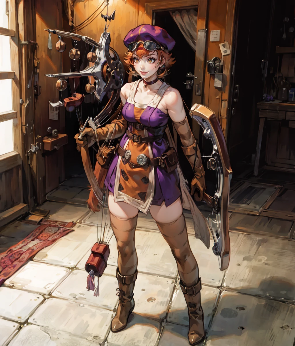 masterpiece, anime screencap, 1 girl, solo, smile, orange hair, ((brown cat cap)), googles on head, red chocker, purple dress, stripped elbow gloves, stripped thighhighs, gloves, boots, (((crossbow))), standing, full body, workshop, indoors,  <lora:Lu:1>