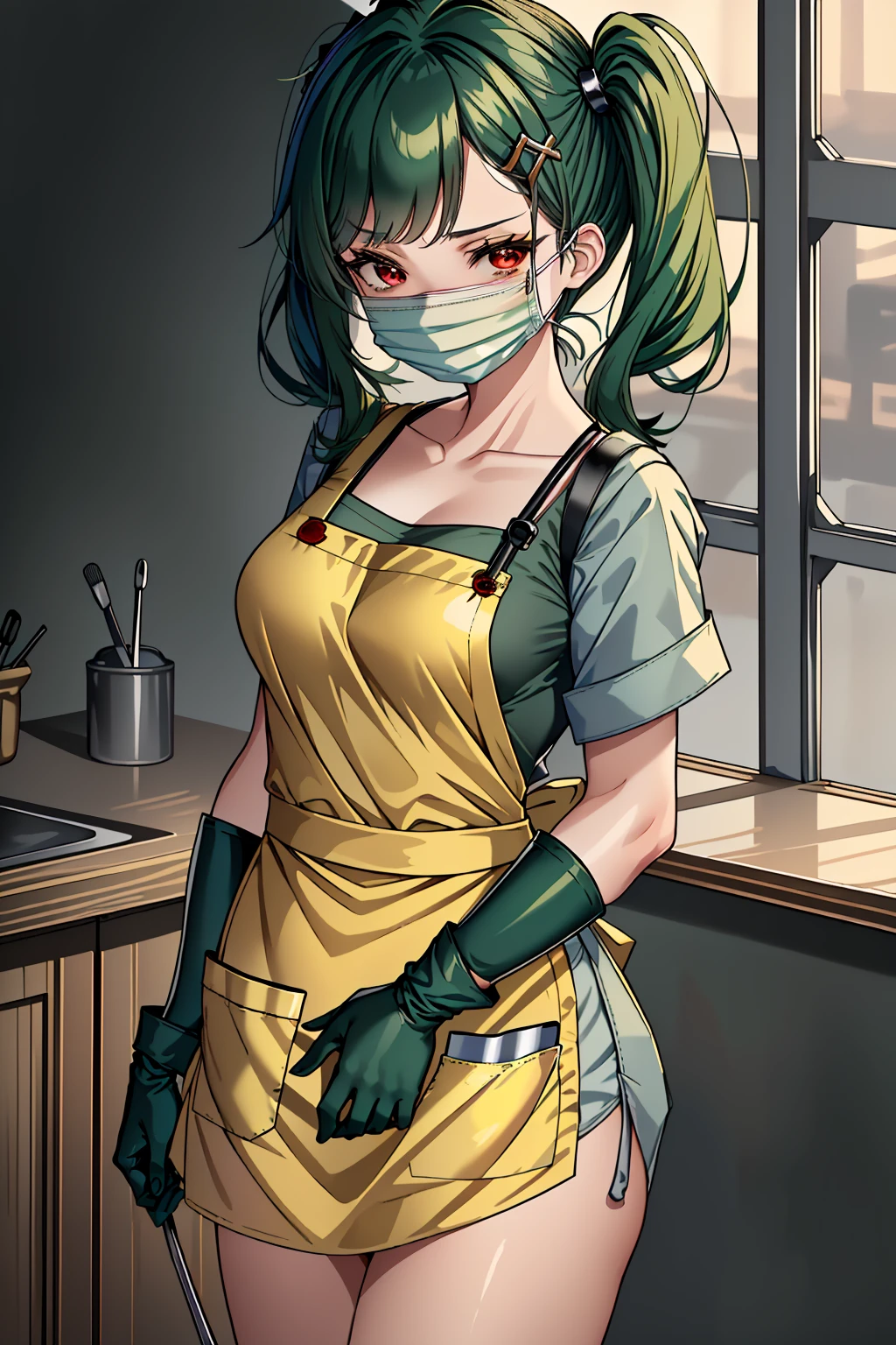 ((masterpiece, best quality, high quality)),1girl, <lora:Clare Sniders:0.7> (clare sniders, oc ch9, 1girl, hair ornament, red eyes, twintails, hairclip, swept bangs, hair over shoulder, dark green hair, medium hair, small breasts, sidelocks), <lora:Apron Doc v2:0.8> ((doctor_apron, apron, mask, gloves, surgical mask,scrubs)),