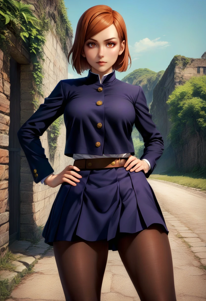 solo, 1girl, kugisaki nobara, expressionless, looking at viewer, hand on hip, contrapposto, school uniform, black jacket, long sleeves, black skirt, pantyhose, belt, outdoors <lora:jjk_kugisaki_xl-000004:1>